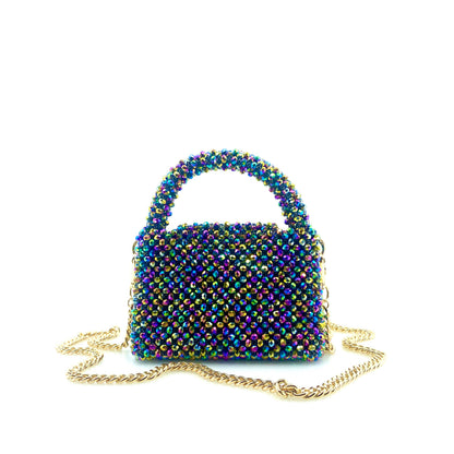 multicoloured rainbow beaded handbag with gold chain. on white background