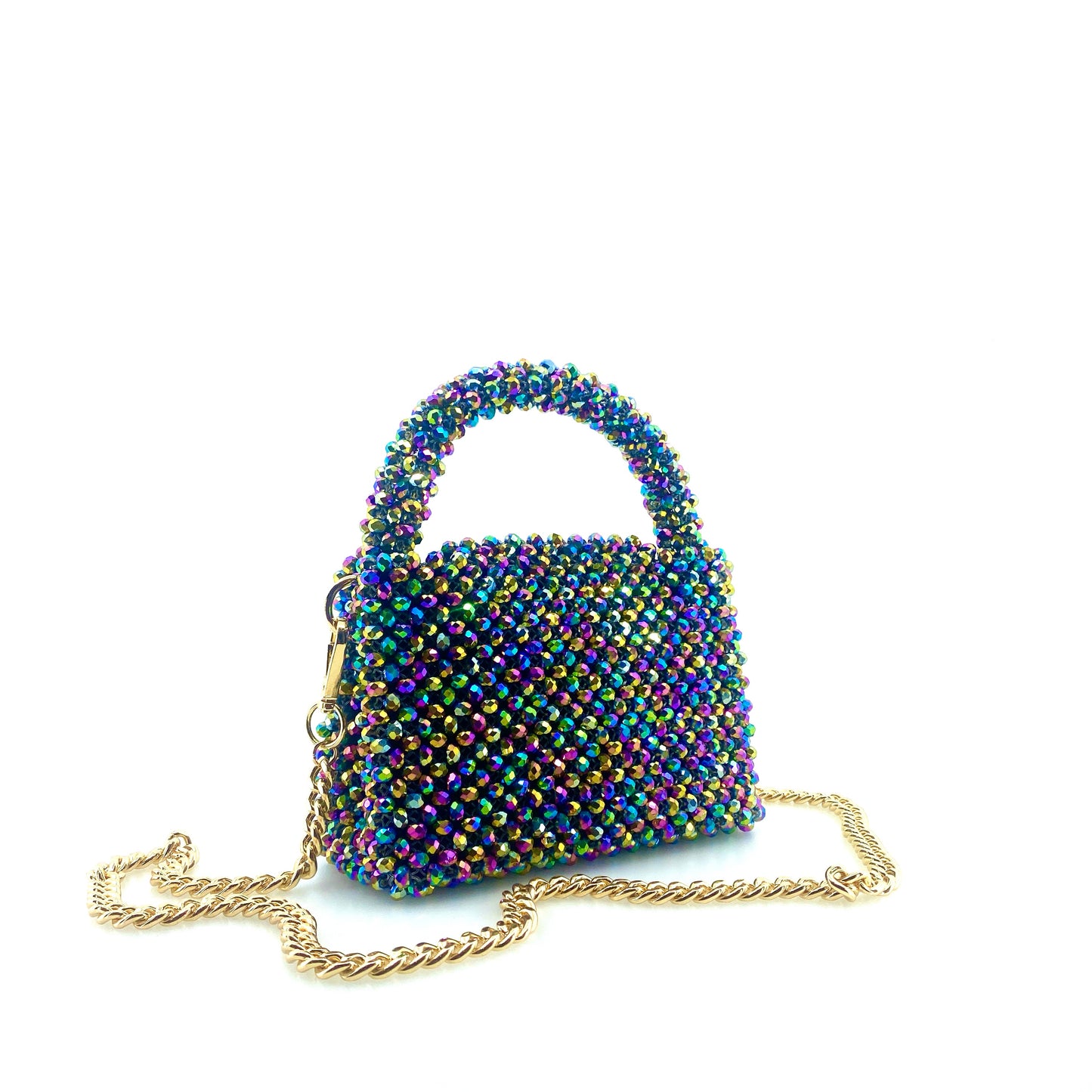 multicoloured rainbow beaded handbag with gold chain. on white background