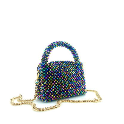 multicoloured rainbow beaded handbag with gold chain. on white background
