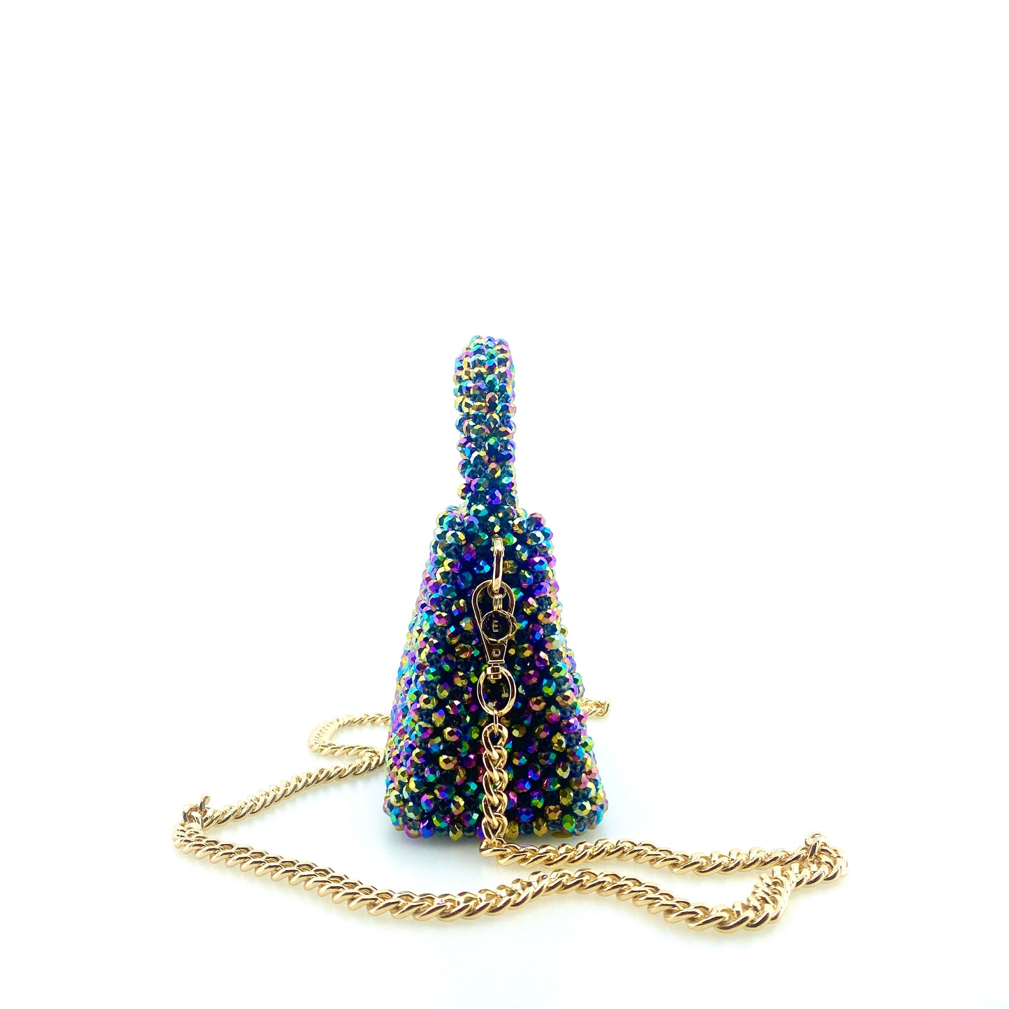 multicoloured rainbow beaded handbag with gold chain. on white background