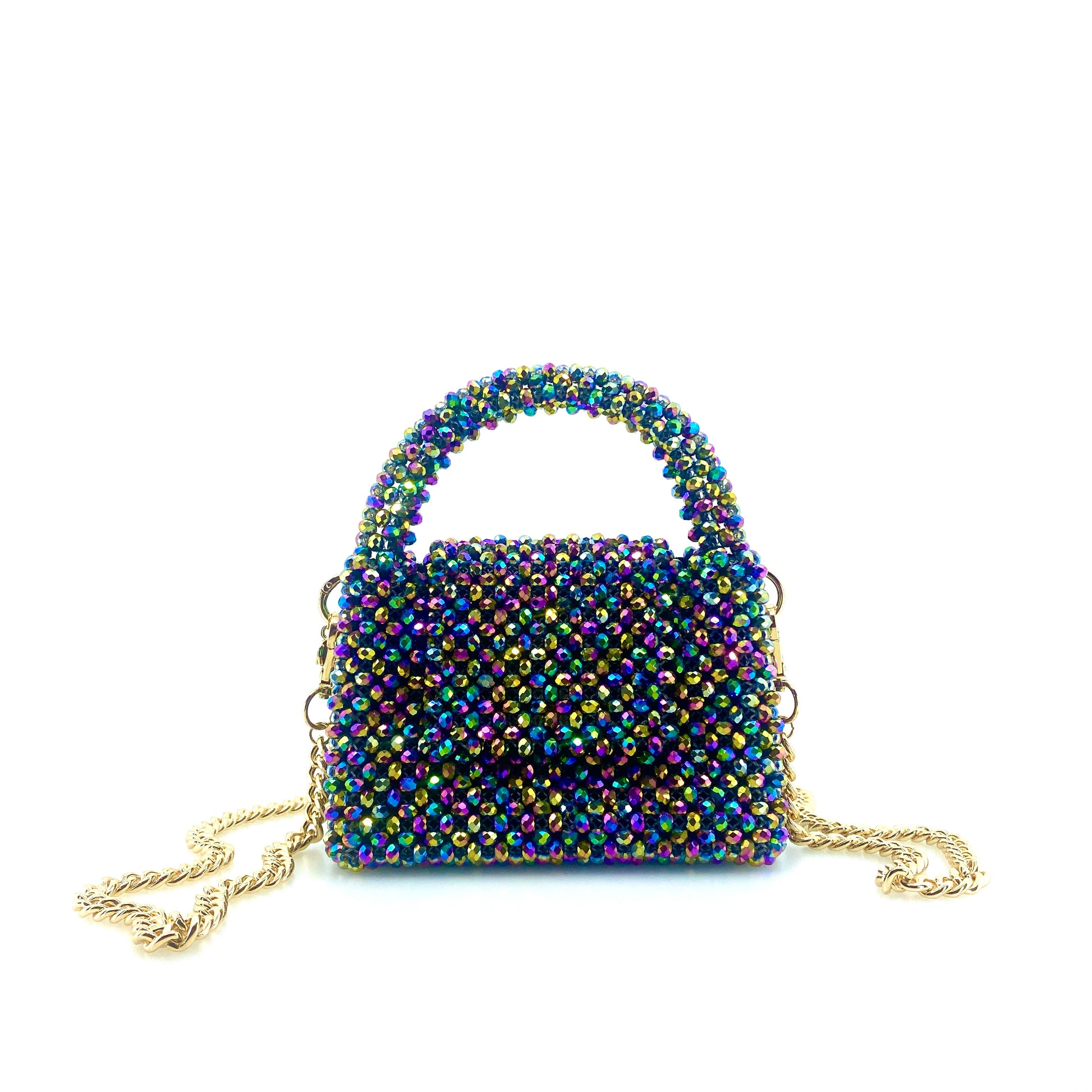 multicoloured rainbow beaded handbag with gold chain. on white background