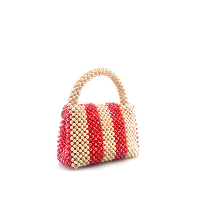 cream and red stripe beaded handbag. on white background