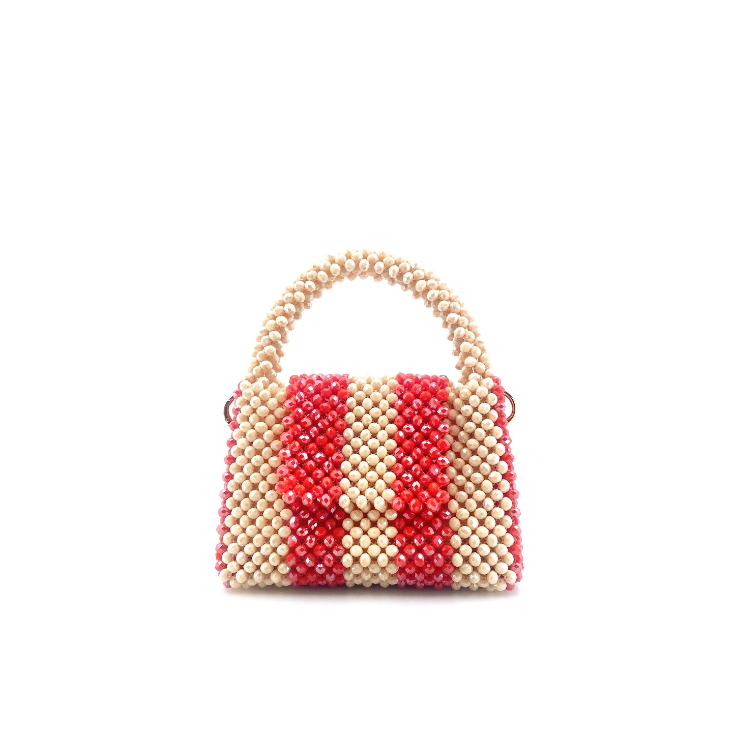 cream and red stripe beaded handbag. on white background