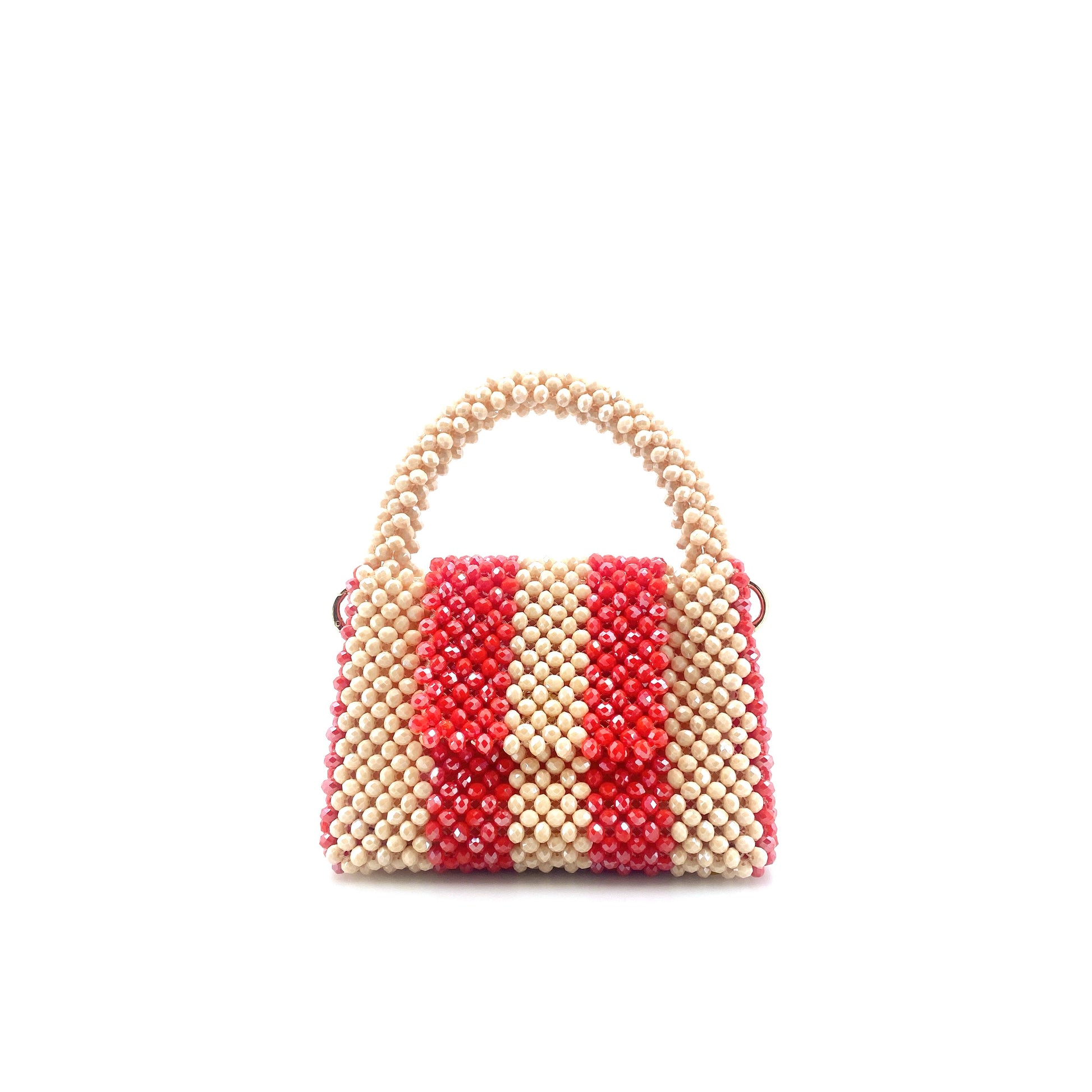 cream and red stripe beaded handbag. on white background