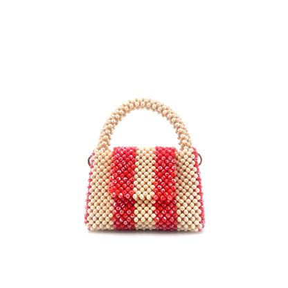 cream and red stripe beaded handbag. on white background
