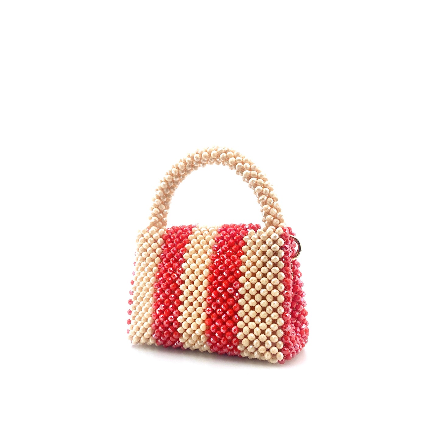 cream and red stripe beaded handbag. on white background