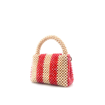 cream and red stripe beaded handbag. on white background