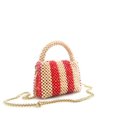 cream and red stripe beaded handbag with gold chain. on white background