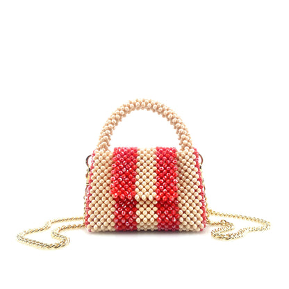 cream and red stripe beaded handbag with gold chain. on white background