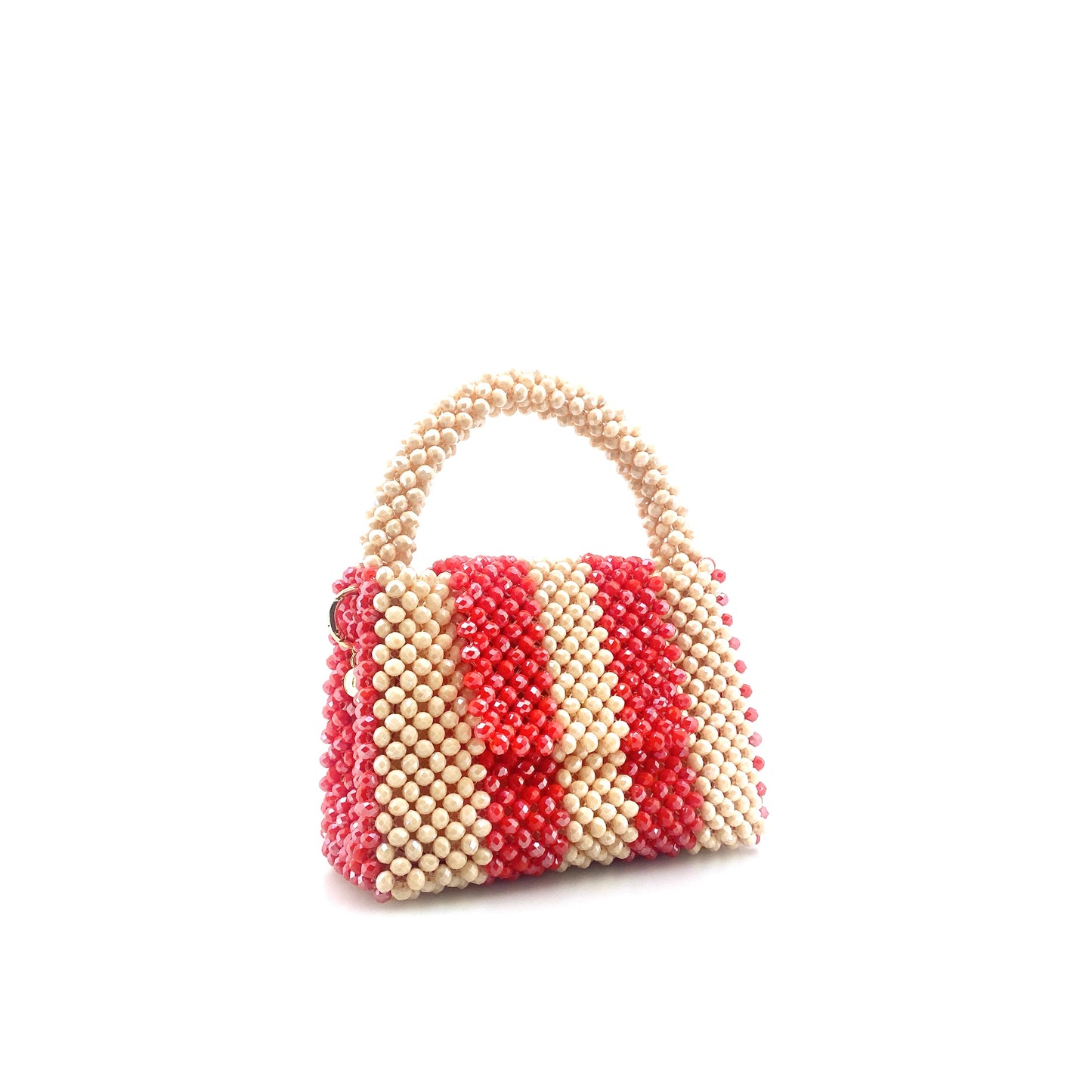 cream and red stripe beaded handbag. on white background