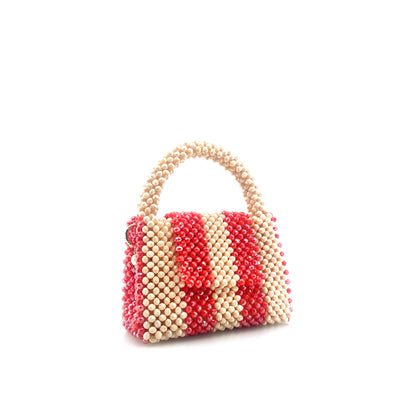 cream and red stripe beaded handbag. on white background