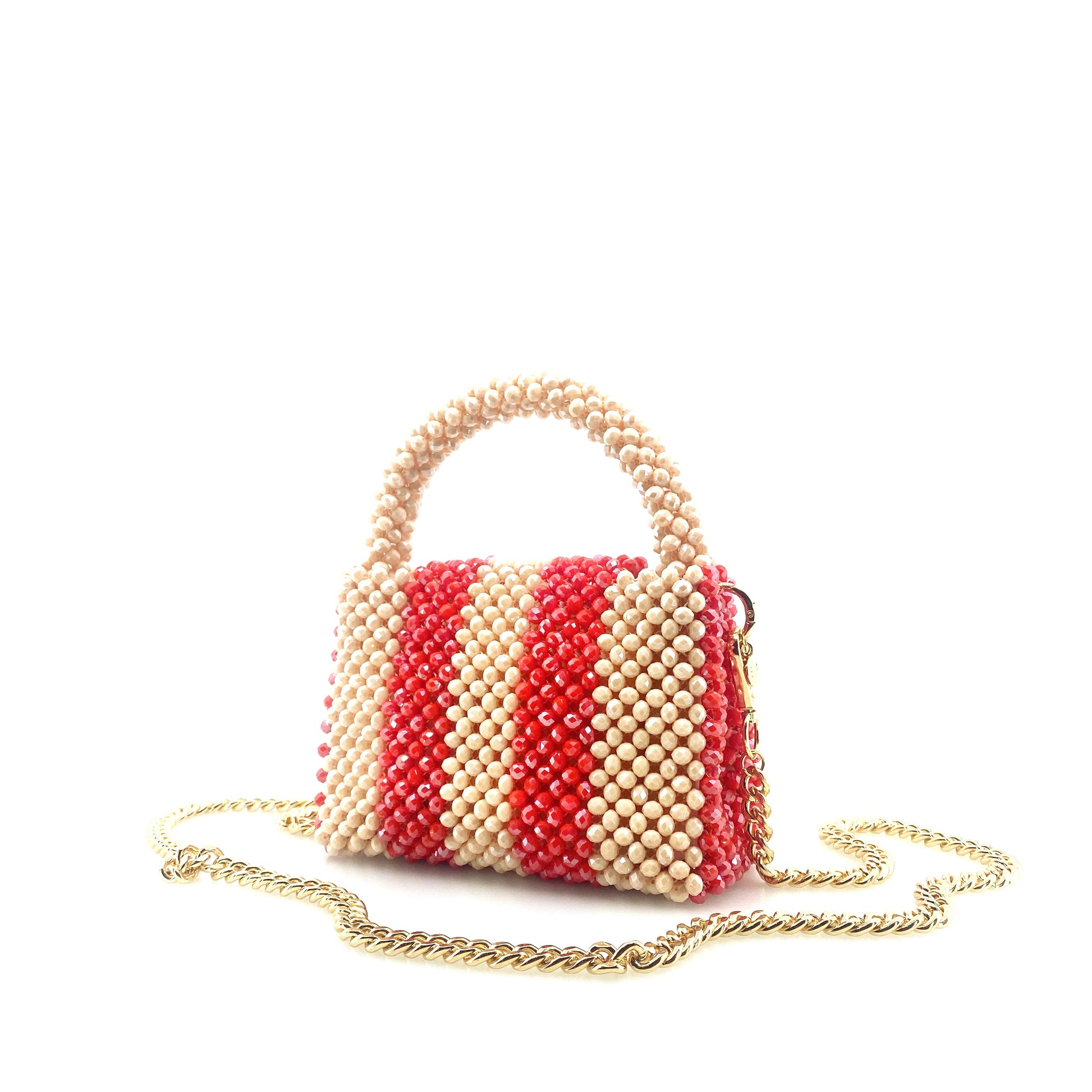 cream and red stripe beaded handbag with gold chain. on white background