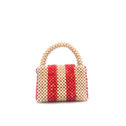 cream and red stripe beaded handbag. on white background