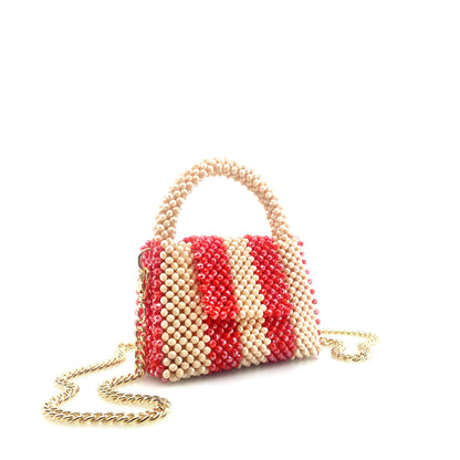 cream and red stripe beaded handbag with gold chain. on white background