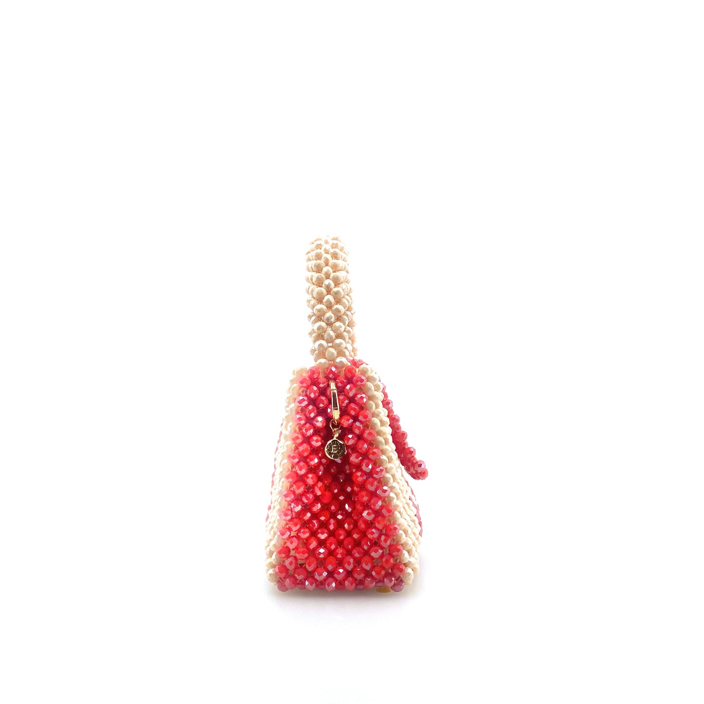 cream and red stripe beaded handbag. on white background