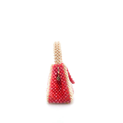 cream and red stripe beaded handbag. on white background