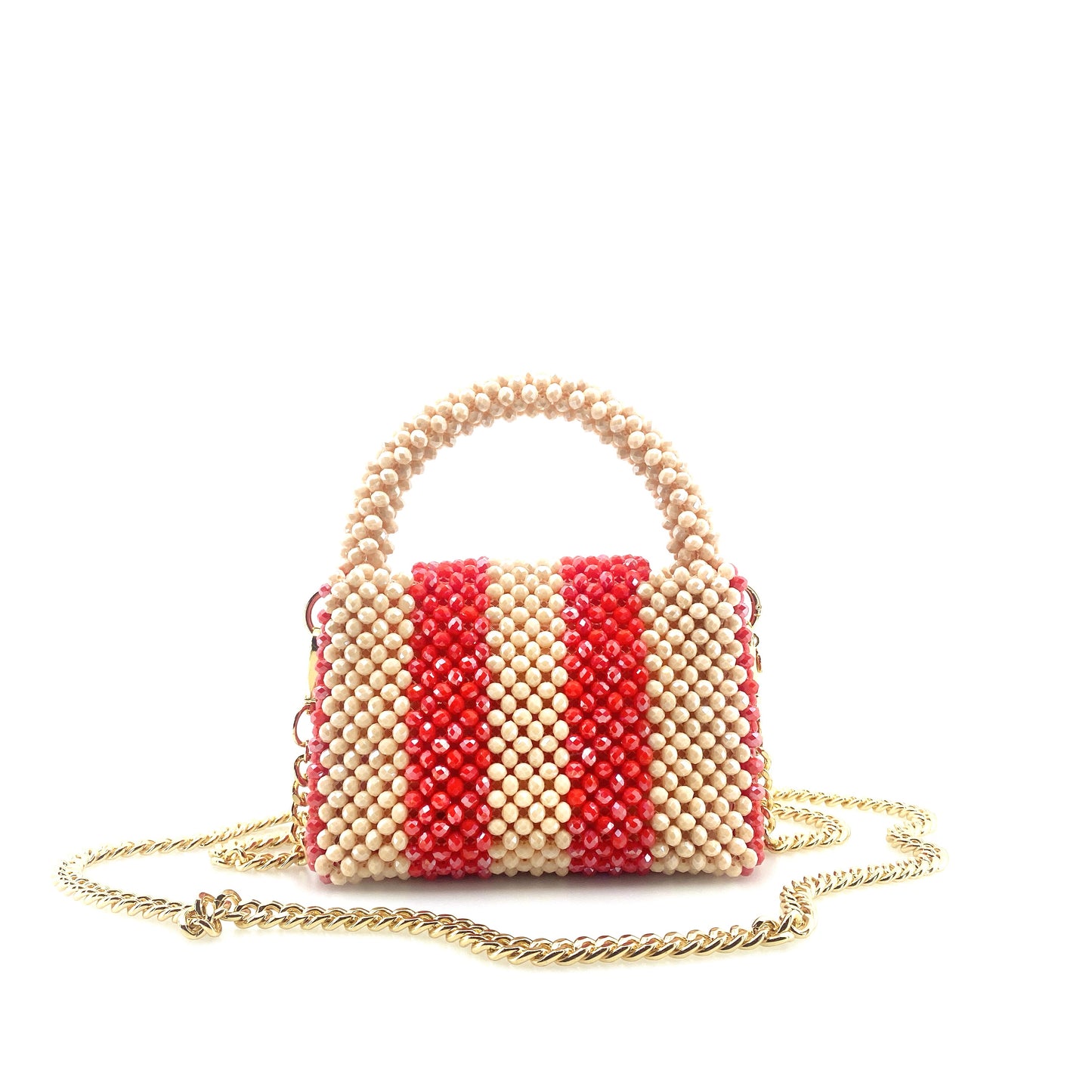 cream and red stripe beaded handbag with gold chain. on white background