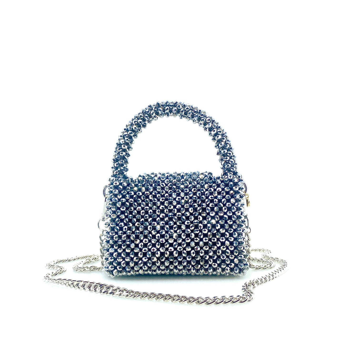 silver beaded handbag with silver chain. on white background