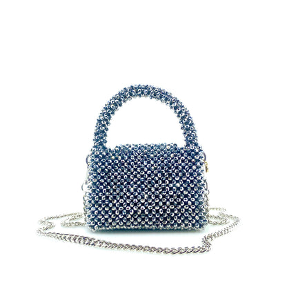 silver beaded handbag with silver chain. on white background