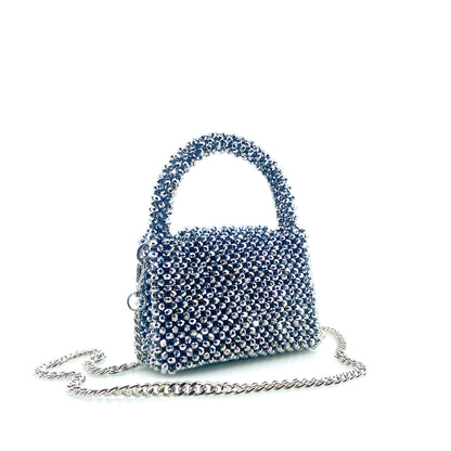 silver beaded handbag with silver chain. on white background