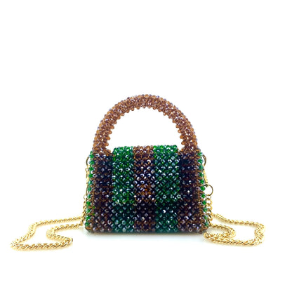 rotating video of brown and green stripe beaded handbag. on white background