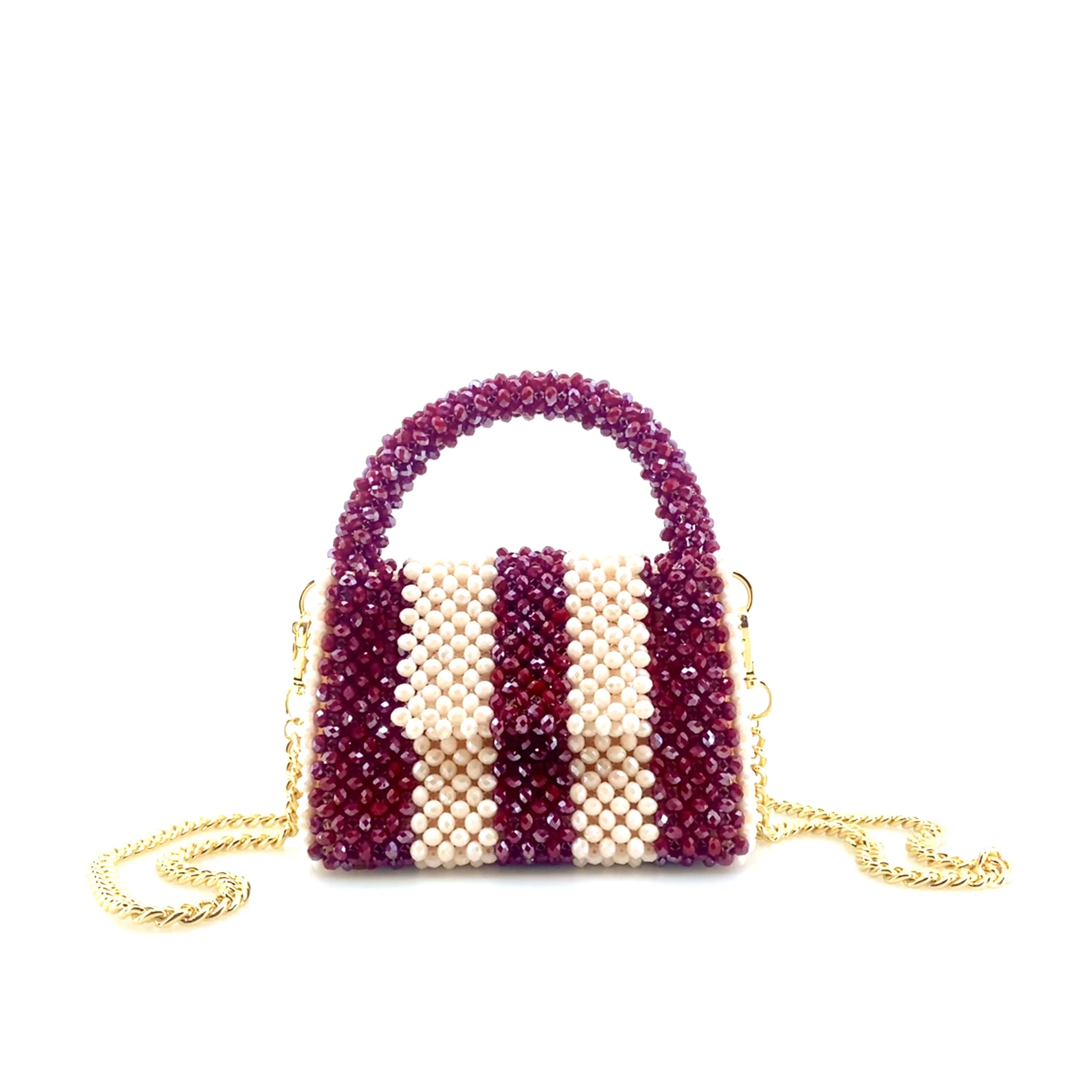 rotating image of burgundy and cream stripe beaded handbag with gold chain. on white background