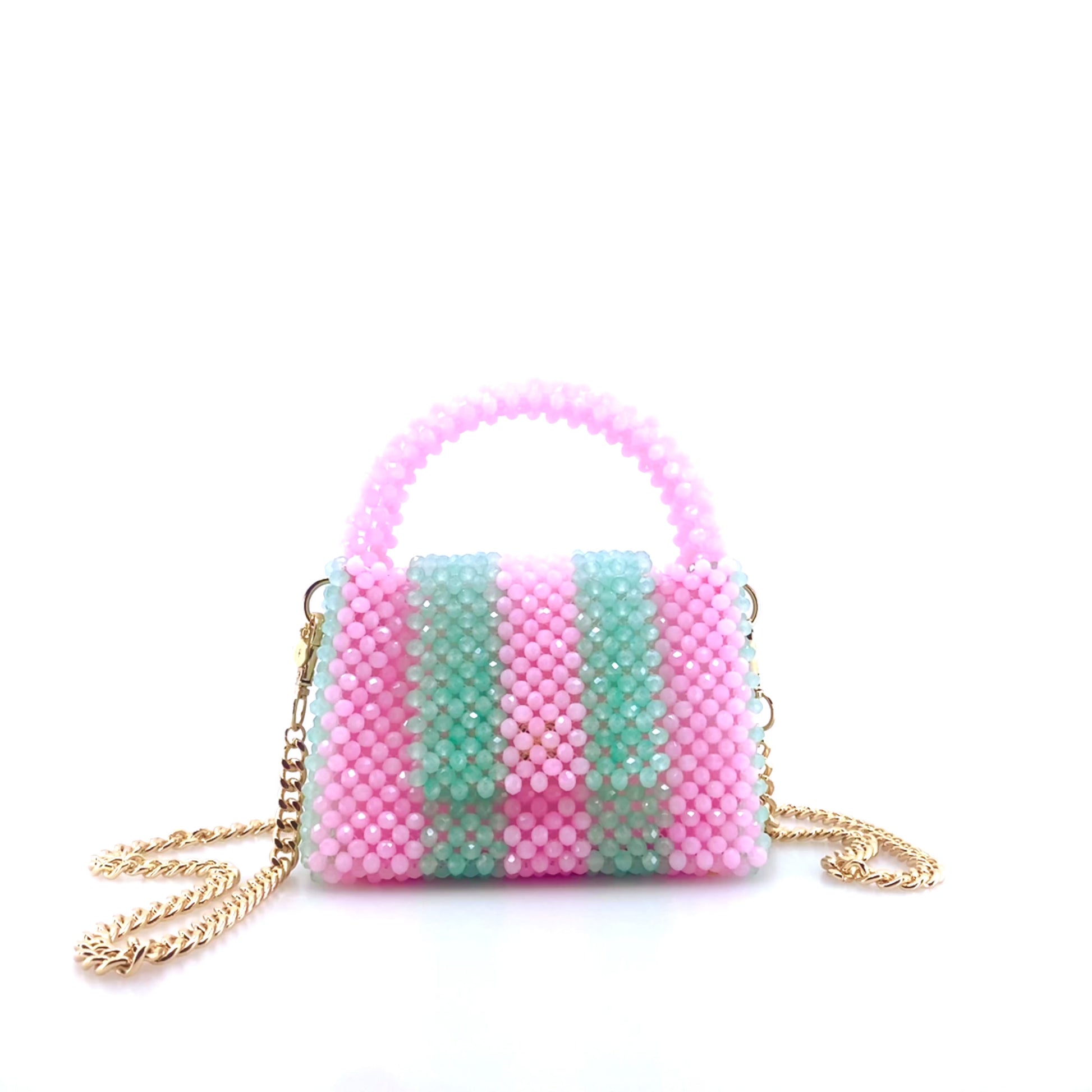 rotating video of green and pink stripe beaded handbag with gold chain. on white background