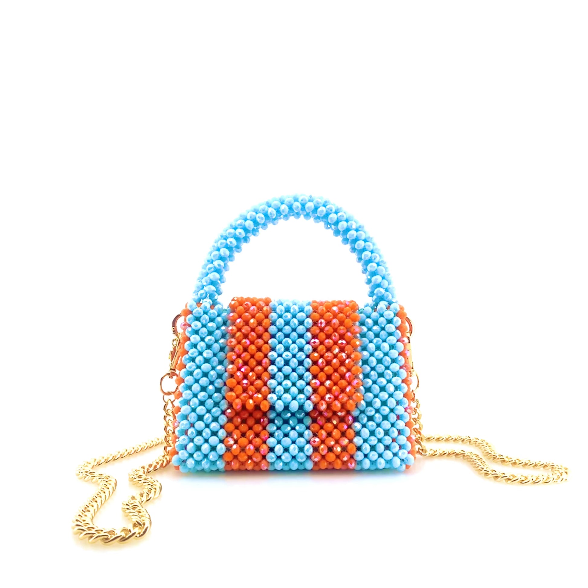 rotating image of blue and orange stripe beaded handbag with gold chain. on white background