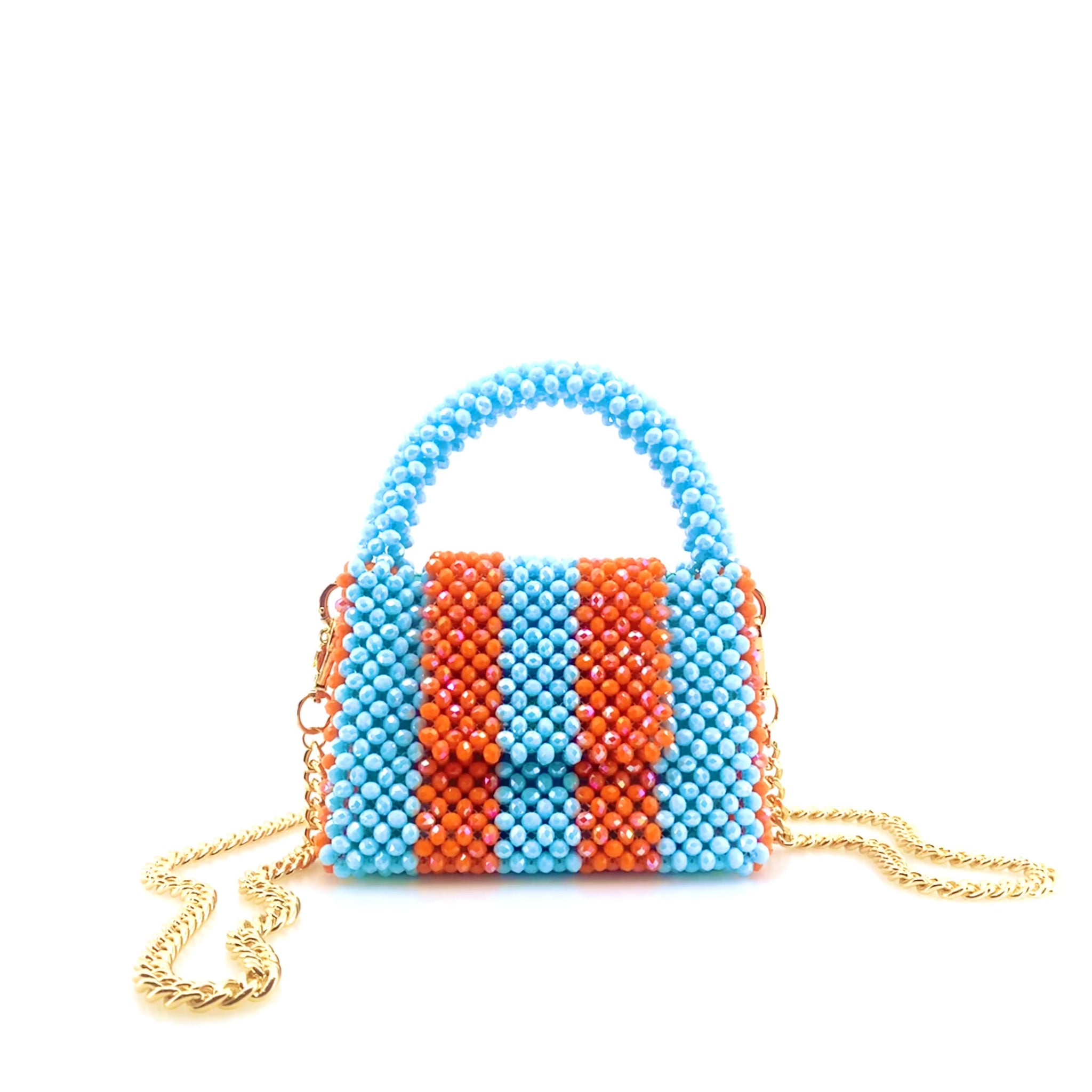 rotating image of blue and orange stripe beaded handbag with gold chain. on white background