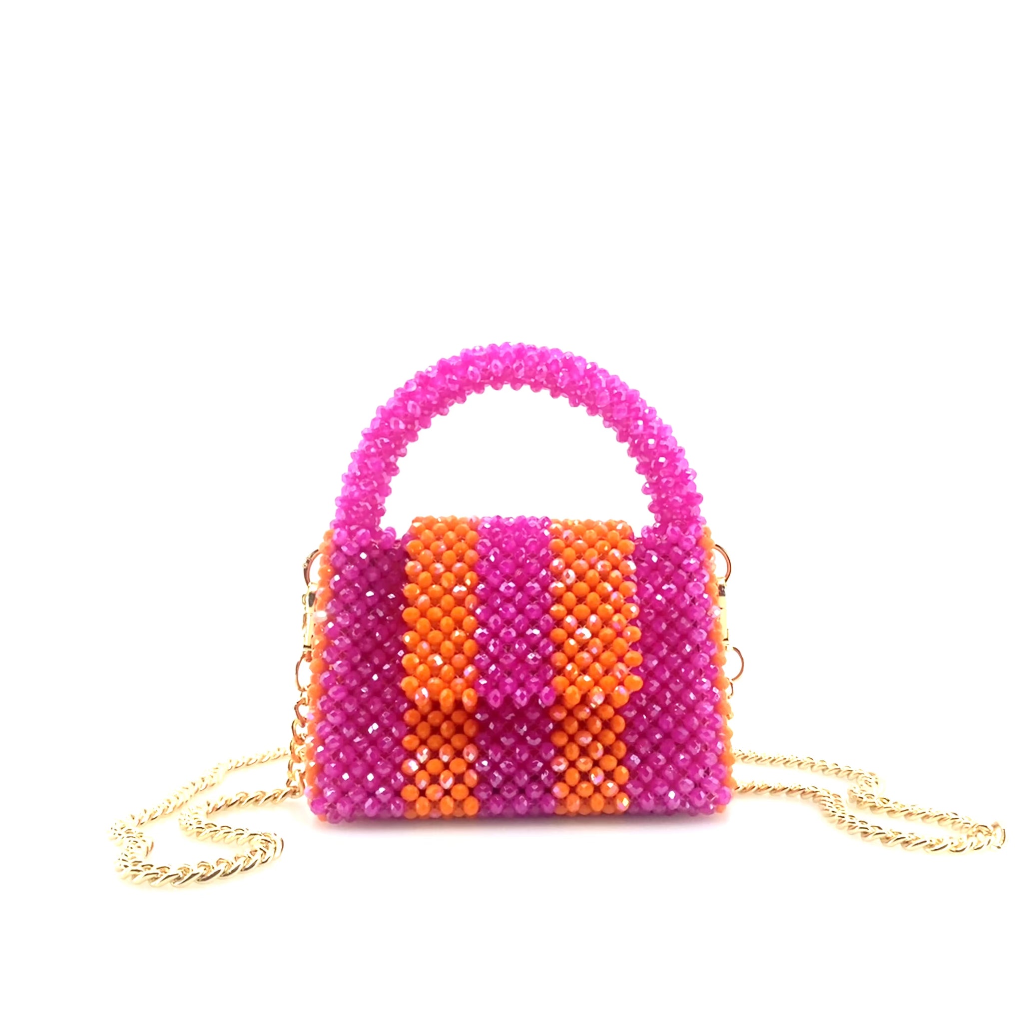 rotating image of pink and orange stripe beaded handbag with gold chain. on white background