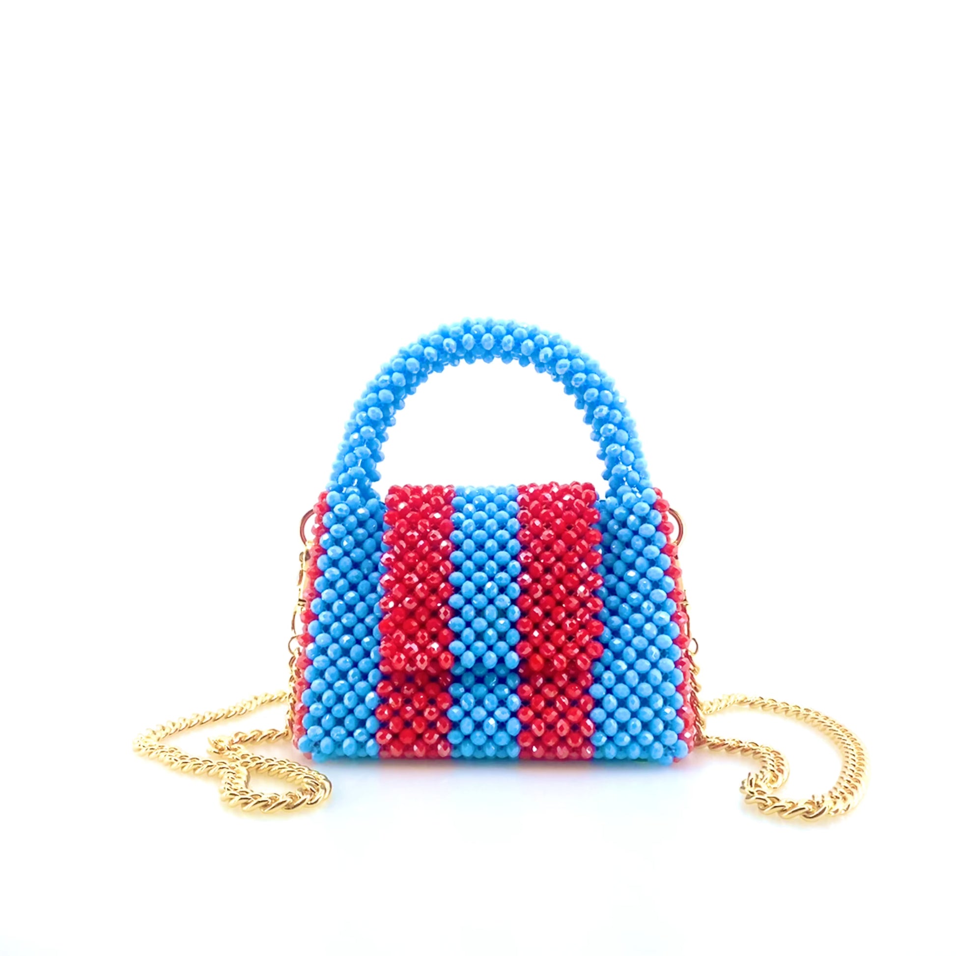rotating video of blue and red stripe beaded handbag with gold chain. on white background