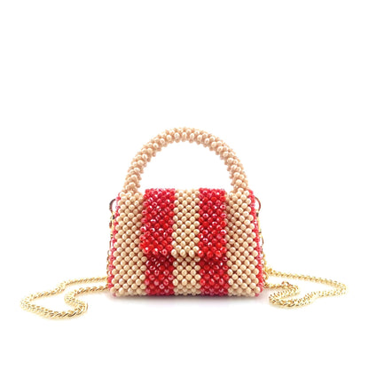 rotating image of cream and red stripe beaded handbag with gold chain. on white background