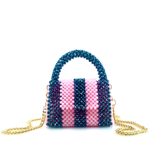 spinning video of green and pink stripe beaded handbag with gold chain. on white background