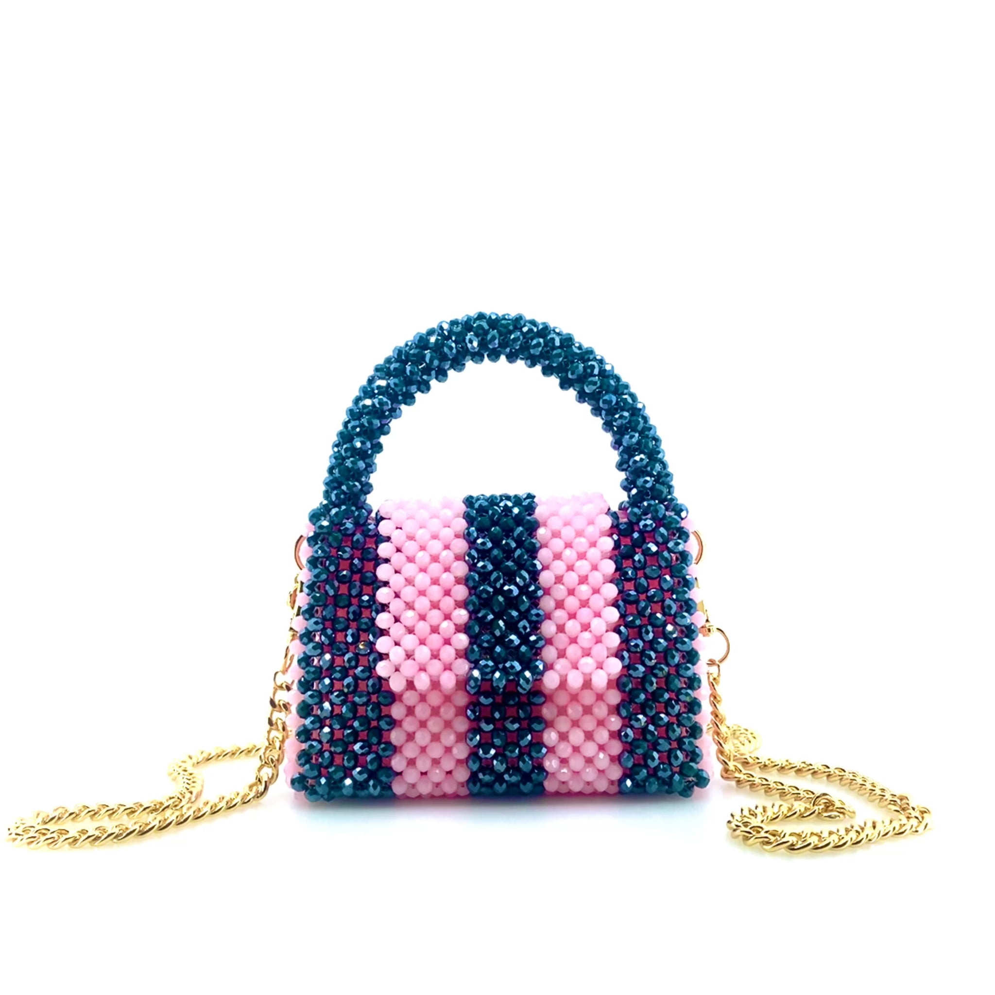 spinning video of green and pink stripe beaded handbag with gold chain. on white background